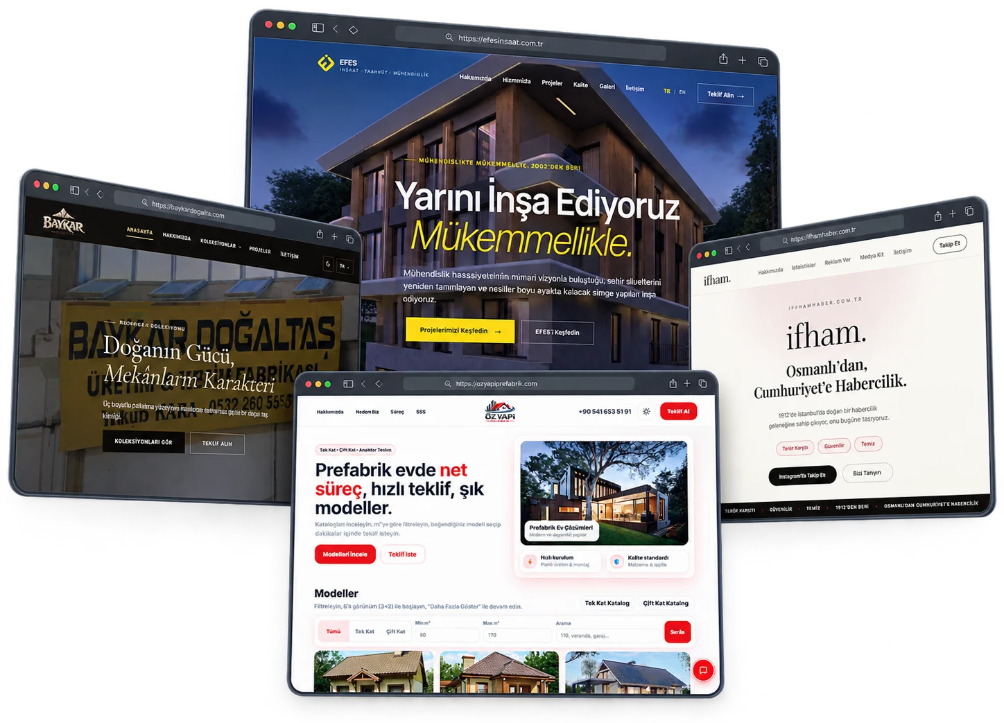 WeOnix tarafından tasarlanan web siteleri: Efes İnşaat, Baykar Doğaltaş, ÖzYapı Prefabrik ve İfham Haber