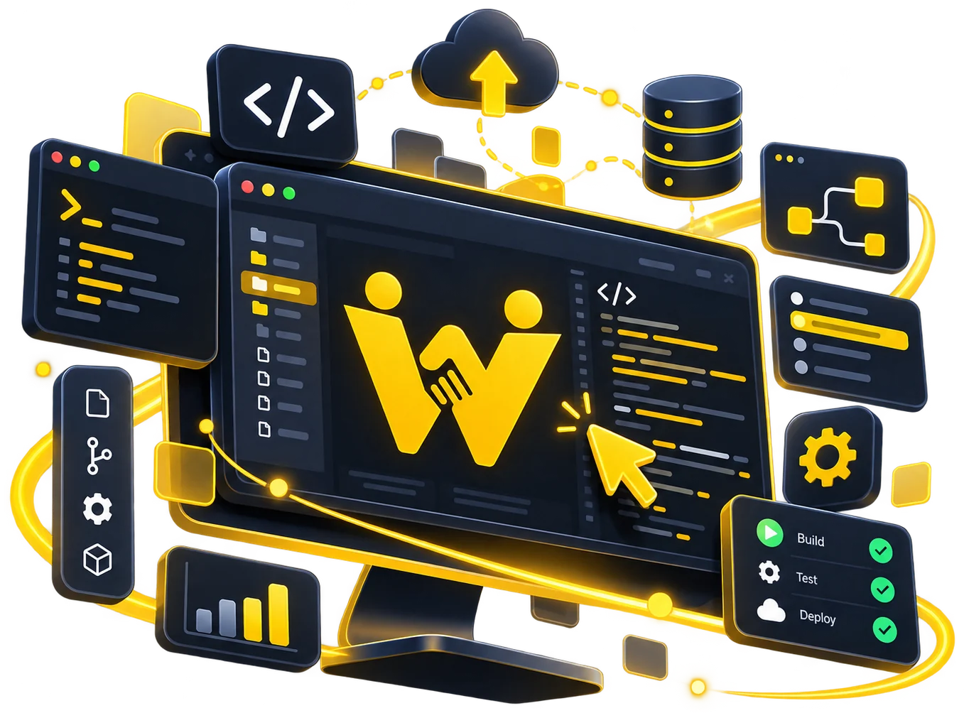 WeOnix yazılım geliştirme: kod editörü, veritabanı, bulut ve derleme-test-yayın akışı